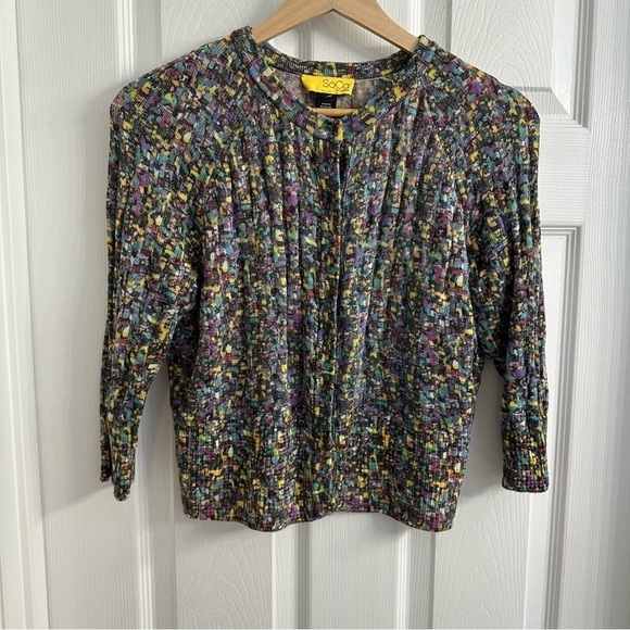 St. John SoCa Knit Blouse Top Button Up Colorful Wool Ribbed Luxury Size Small - Picture 3 of 7